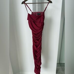 JLUXLABEL Sheer Burgundy Ruched Gown